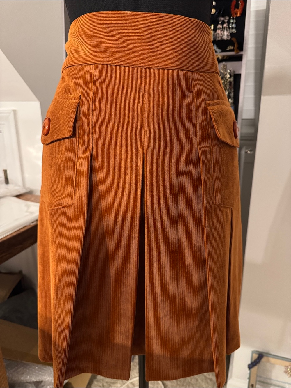 Chelsea & Theodore Corduroy A-Line Skirt in Rust